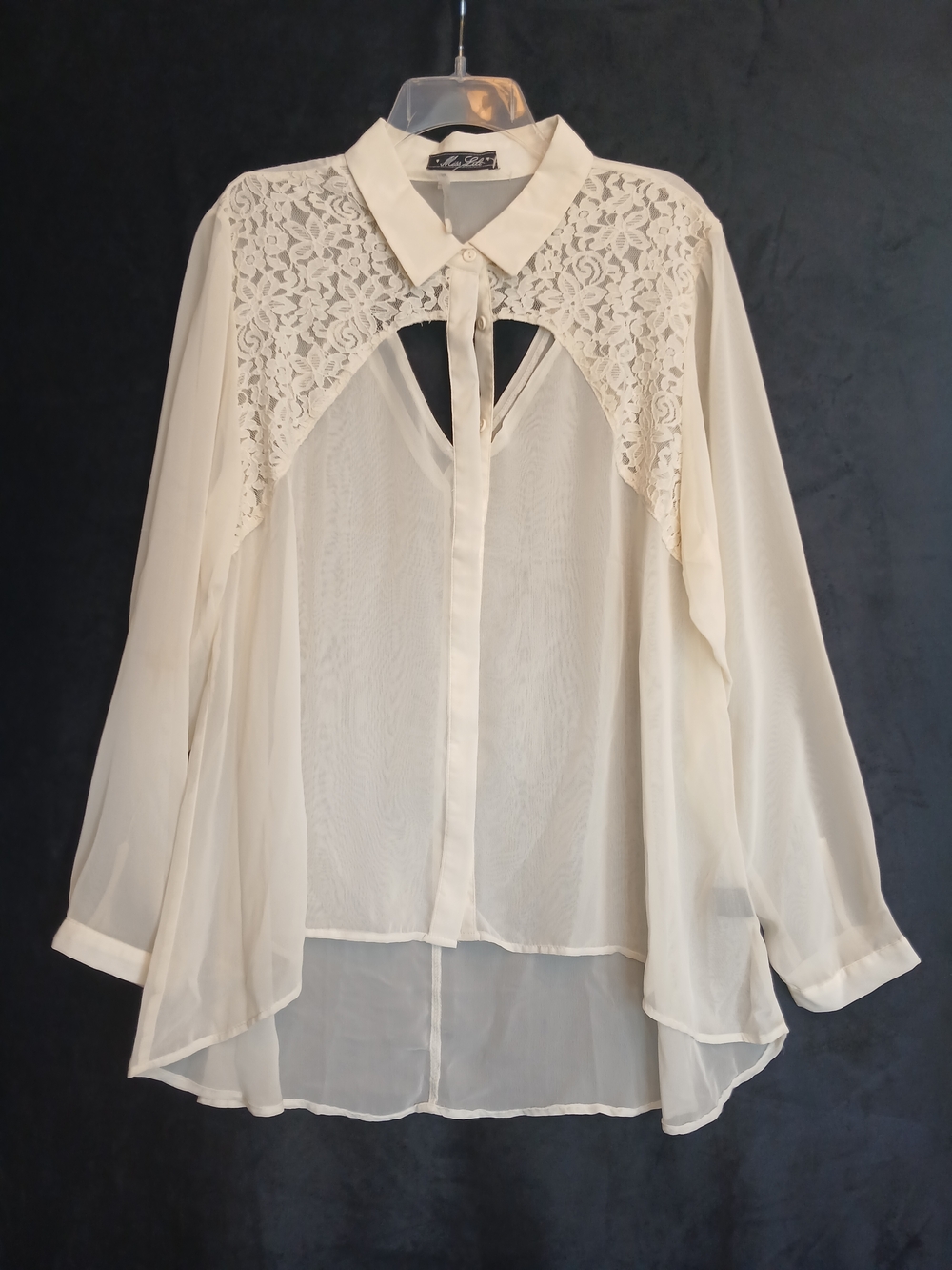 New! Miss Lili Cream Lace Yoke Sheer Button-Front Long Sleeve Cut Out Blouse 2X